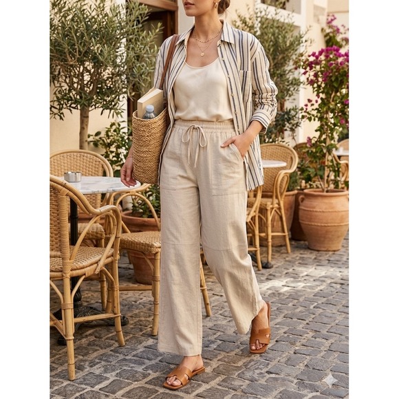 FireSwan Pants - FireSwan Beige Linen Blend Wide Leg Drawstring Pants Large NWT Summer Coastal